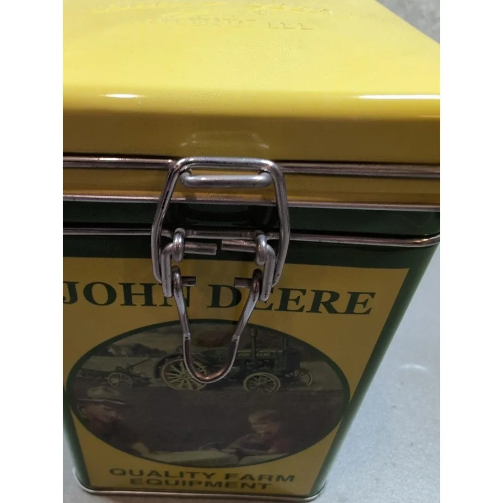 John Deere Metal Tin Box Collectible Storage Latch Lid Green Yellow 7.5 inch